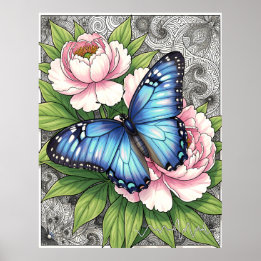Blå Morpho Fjäril Blommig Botanisk Konst Poster