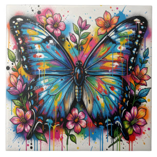 Blå Morpho Fjäril Gatukonst Graffiti Grunge Kakelplatta