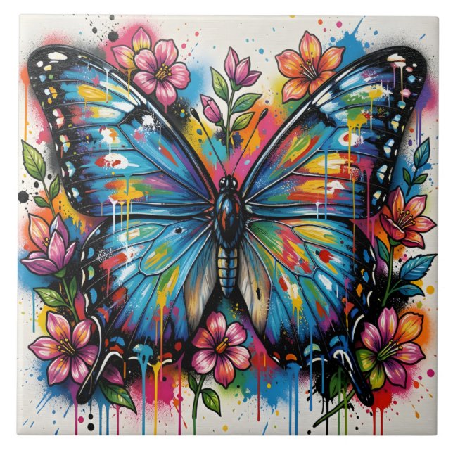 Blå Morpho Fjäril Gatukonst Graffiti Grunge Kakelplatta (Framsidan)
