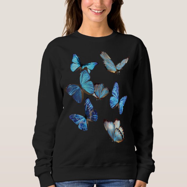 Blå Morpho Fjäril Svärmar Lepidoptera Entomolo T Shirt (Framsida)