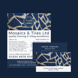 Blå mosaik, blommor, Tile Installer-reklam Flygblad