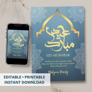 Blå moské valv siluett Eid Mubarak kort