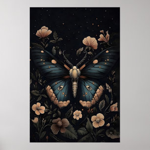 Blå Moth Botanisk Tryck, Mörk Akademi Väggkonst