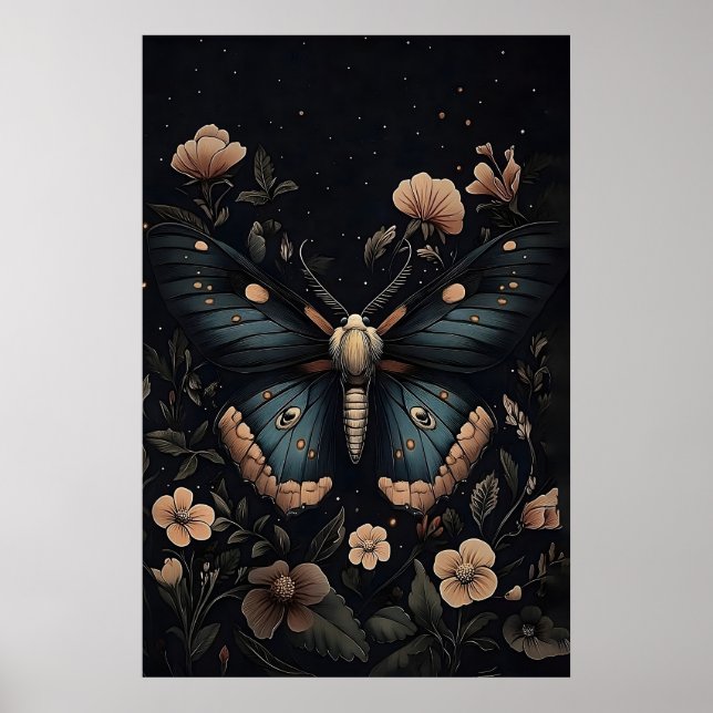 Blå Moth Botanisk Tryck, Mörk Akademi Väggkonst (Framsidan)