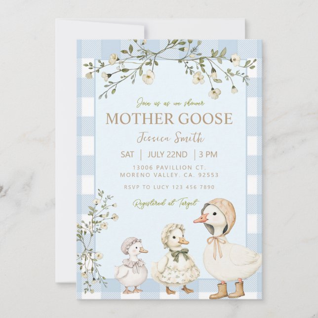 Blå Mother Goose Baby Shower Pojke Inbjudningar (Framsida)