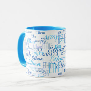 blå mugg med namn