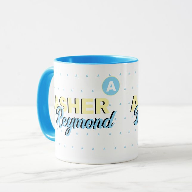 Blå Mugg med Namn | retromodernt monogram (Framsida vänster)