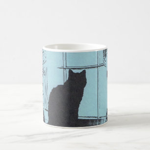 Blå Mugg med svart katt i fönster