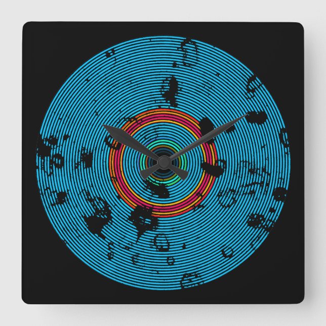 Blå Multifärgad vinyldisk Struktur Mönster Fyrkantig Klocka (Framsida)