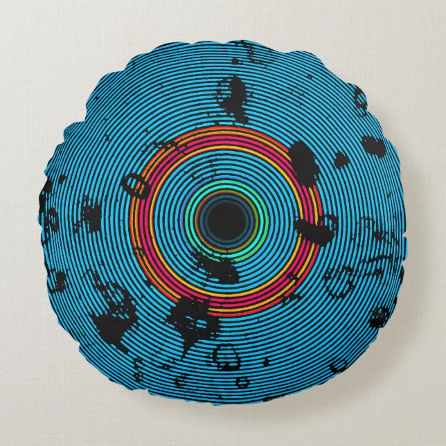Blå Multifärgad vinyldisk Struktur Mönster Rund Kudde (Framsidan)