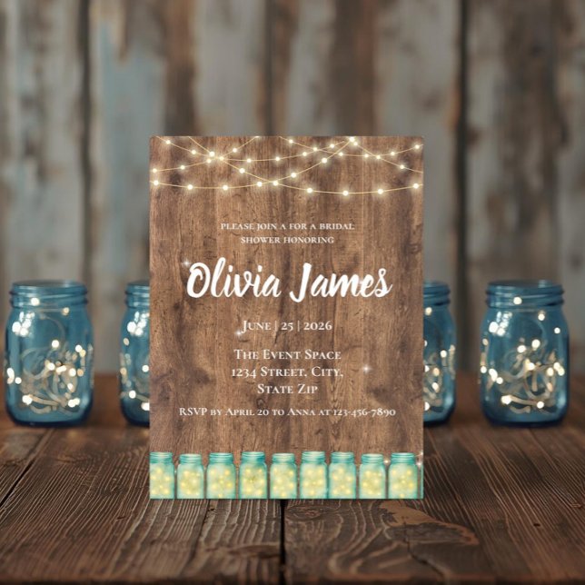 Blå Murkla & Änglaljus Bröllopsdusch Inbjudningar (Woodland bridal shower hero image with string lights and blue mason jar invitation)