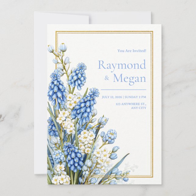 Blå Muscari Vit Blomning Guld Ram Bröllop Inbjudningar (Framsida)
