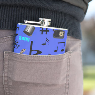 Blå Musik noter och instrument. Fickplunta