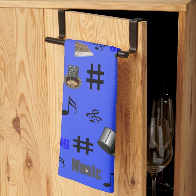 Blå Musik noter och instrument, Tea Towel Kökshandduk (Thirds Fold)