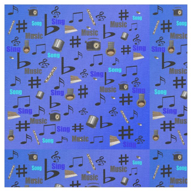 Blå Musik noter-slingor och Ord, Tyg (Närbild)