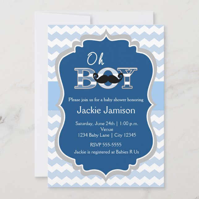 Blå Mustasch Chevron Pojke Baby Shower Inbjudan (Framsida)