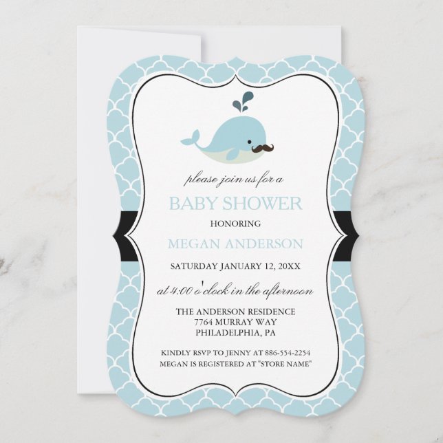 Blå Mustasch Val Cute Pojke Bebis Babyshower Inbjudningar (Framsida)