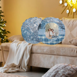 Blå mysig rutig snöig vinter fotokristall jul rund kudde