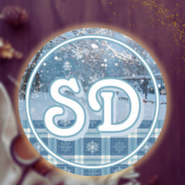 Blå mysig rutig snöig vinter lantlig jul runt klistermärke