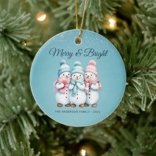 Blå Mysiga Snömannen God Jul Familj Ornament