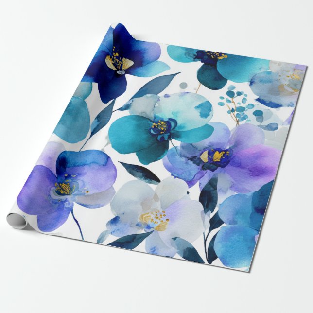 Blå Mystisk Orkidé Elegant Blommig Botanisk Presentpapper (Utrullad)