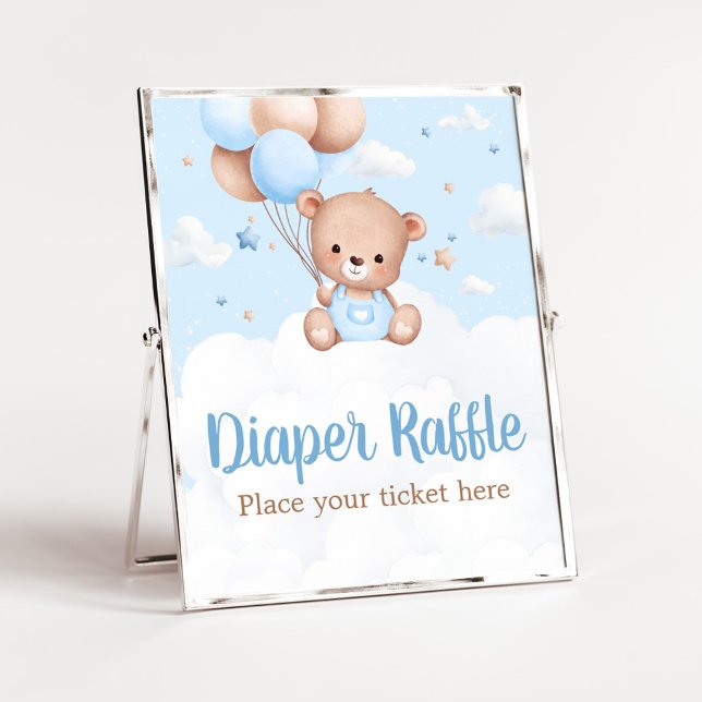 Blå Nalle, babyskor, blöjor Poster (Blue Boy Teddy Bear Clouds Balloon Baby Shower Sign)