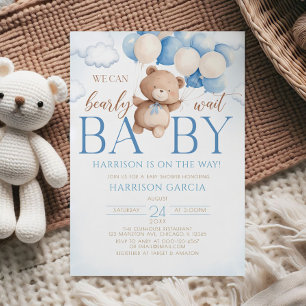 Blå Nalle Ballon Barly Wait Baby Shower Inbjudningar