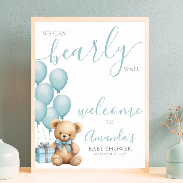 Blå Nalle Ballong Bebis Shower Välkommen Poster (Blue Teddy Bear Balloon Baby Shower Welcome Poster)