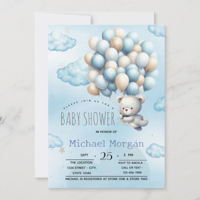 Blå Nalle Ballonger Moln Bebis Shower Inbjudningar (Framsida)
