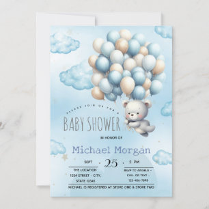 Blå Nalle Ballonger Moln Bebis Shower Inbjudningar
