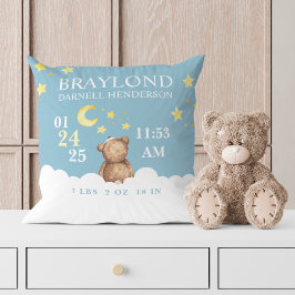Blå Nalle Birth Stats Nursery Pillow Kudde