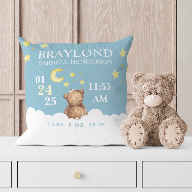 Blå Nalle Birth Stats Nursery Pillow Kudde (Skapare uppladdad)