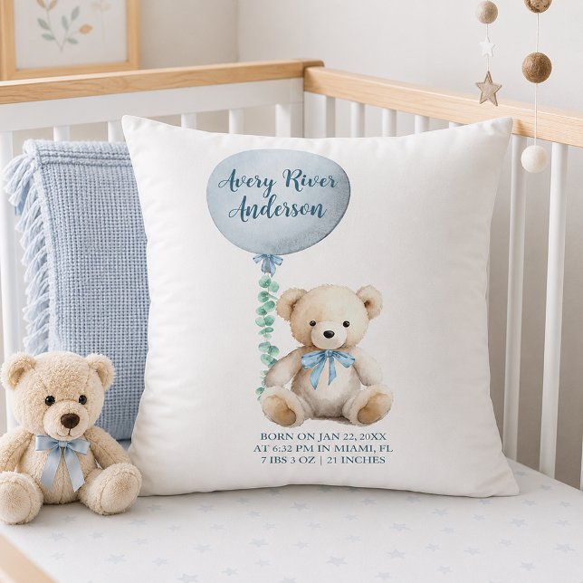 Blå nalle födelsestadistik Babykudde Kudde (Blue Balloon birth announcement pillow)