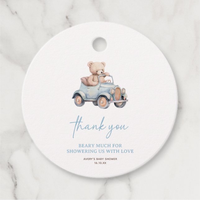 Blå Nalle vi kan avvakta babydusch Gåvor Etiketter (Framsida)