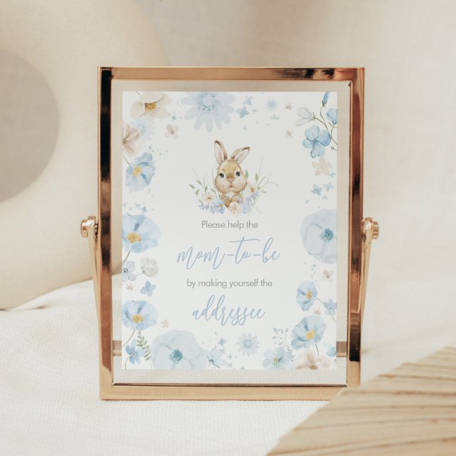Blå nålnygg kanin Babykuvert Station Poster (Blue Rabbit Somebunny Baby Shower Envelope Station Sign)