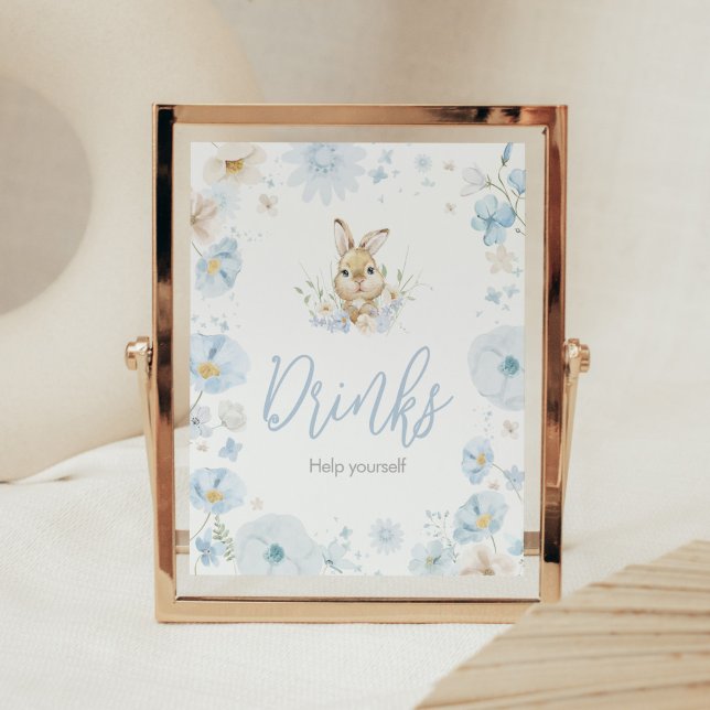 Blå nålnygg kanin Babyskor Drinks Poster (Blue Rabbit Somebunny Baby Shower Drinks Sign)
