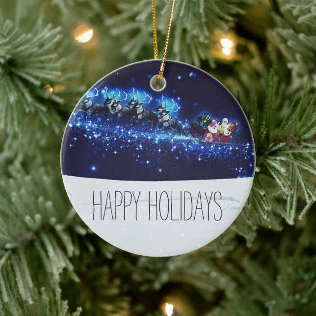 Blå natt med Jultomten, renar och saft Julgransprydnad Keramik (Träd)