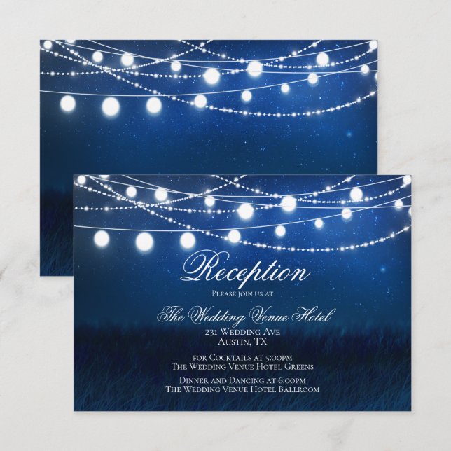 Blå natt & silverljus bröllopsmottagning kort (Fram/baksida)