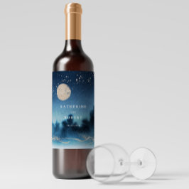 Blå nattfärgsetikett Liggande Bröllop Vin Vinflaska Etikett