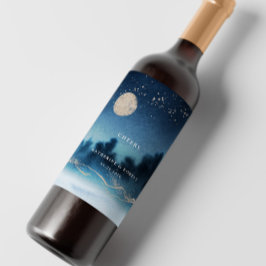 Blå nattlandskapsetikett Bröllop Vin Vinflaska Etikett