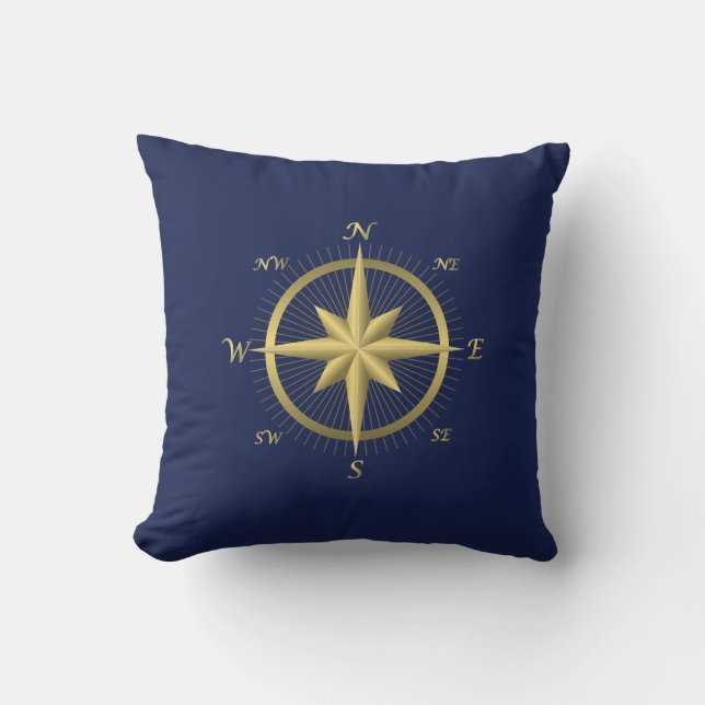 Blå Nautical Bröllop Pillows Guld Compass Kudde (Framsida)