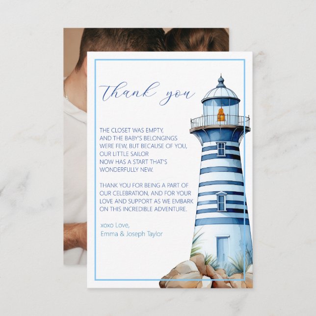 Blå nautisk fyr duschfoto tack kort (Fram/baksida)