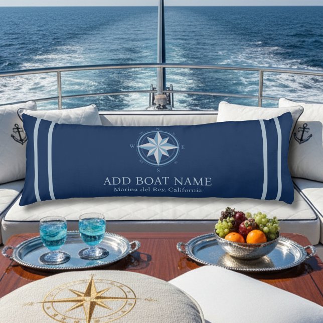 Blå nautisk kompass anpassad båtnamn däckdekor kroppskudde (Blue Nautical Compass Custom Boat Name Deck Decor Body Pillow
)