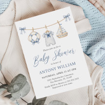 Blå nautisk pojke baby shower inbjudan
