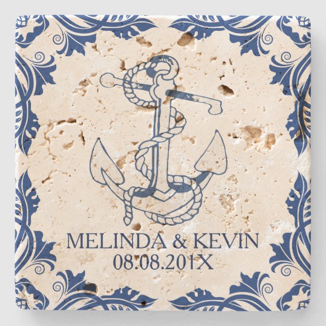 Blå nautiska ankare och blå Blommigt Ram Ram Underlägg Sten (Framsidan)