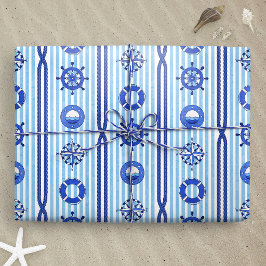 Blå nautiska ränder med maritima motiv presentpapper
