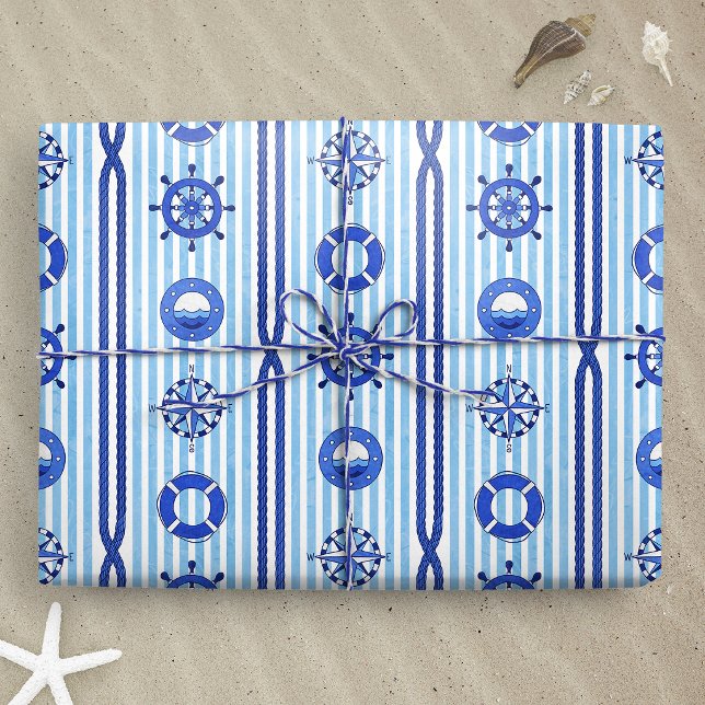 Blå nautiska ränder med maritima motiv presentpapper (Blue Nautical Stripes with Maritime Motives wrapping paper gift mockup)