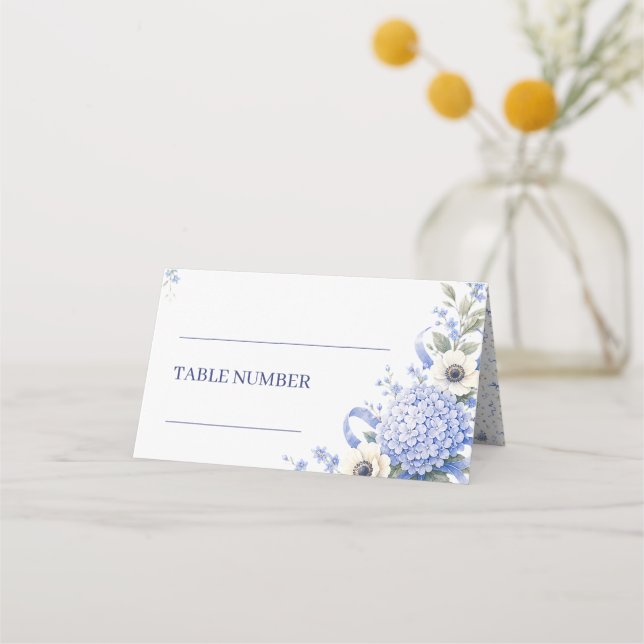Blå Navy Blommor Blommig Boho Bröllop Placeringskort (Framsida)