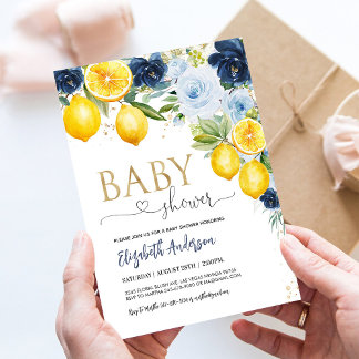 Blå Navy Citron Citrus Blommig Baby Shower Inbjuda Inbjudningar