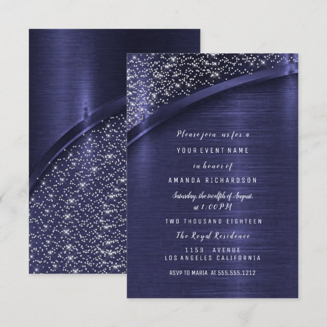 Blå Navy Glitter Bröllopsfest Födelsedag Sweet 16t Inbjudningar (Fram/baksida)